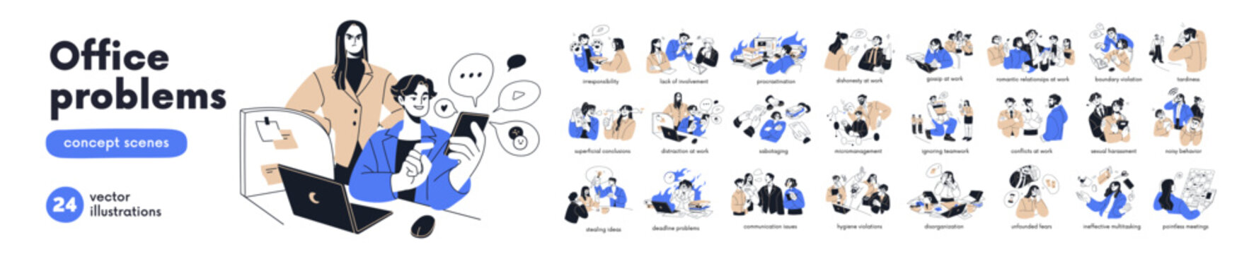 Office problems set. Troubles in business communication, difficulties at work, crisis, mistakes, harassment and conflict among employees, workers. Flat vector illustration isolated on white background