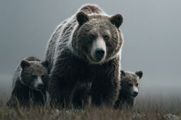 Fototapeta premium Momma Bear in the Wild: An Endearing Image of a Brown Bear and Cubs