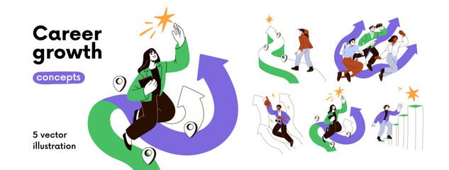 Career growth journey, roadmap and timeline, concept set. Path way to work goals, road map with steps, arrows. Job pathway, development strategy. Flat vector illustrations isolated on white background