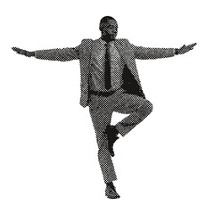 Creative halftone businessman balancing symbolizing challenge and opportunity