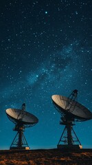 Two large satellite dishes stand on a hilltop, reaching for the stars of the milky way in the night sky, searching for signals from the vast universe