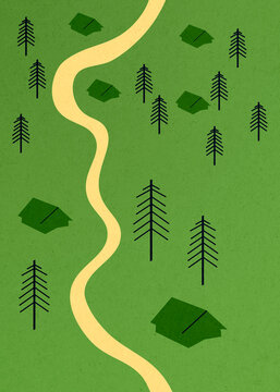 Vintage green forest illustration with campsites and winding path