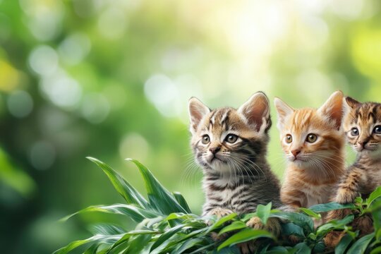 Three playful kittens exploring lush greenery on a sunny day in a natural setting