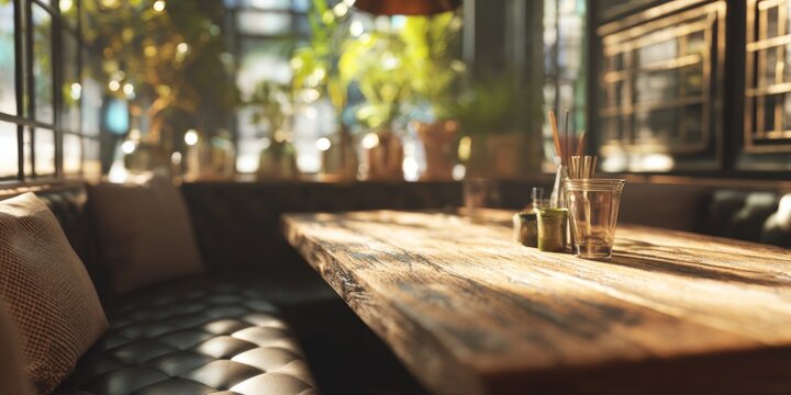 Rustic Wooden Frame on a Table in a Cozy Cafe with Soft Lighting and Modern Decor Elements