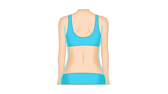 Weight loss results comparison. 2D animation of a woman's body transformation before and after exercises to lose love handles fat and back fat. white background compatible with background remover