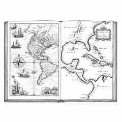 Obraz premium Vintage vector map of the world in an open book, showing America and Europe with ships and compass. Old world map illustration for travel and geography.