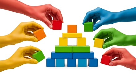 Diverse hands of various skin tones collaboratively build a colorful toy block tower symbolizing teamwork creativity and unity in a bright studio setting