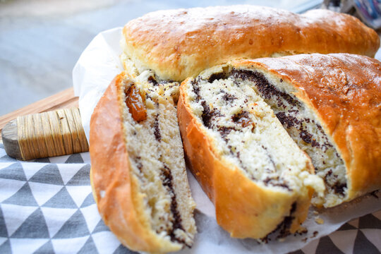 Sliced Homemade Poppy Seed Roll and Sweet Bread