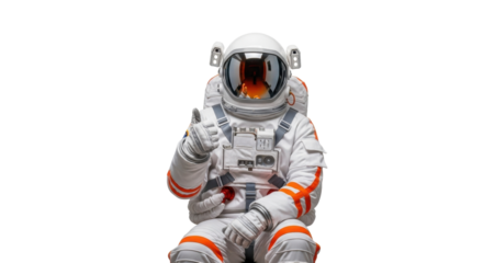 Isolated astronaut giving a thumbs-up gesture, wearing a space suit with orange details