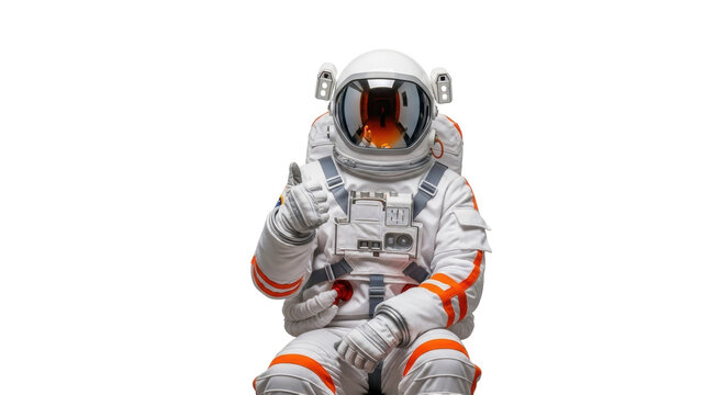 Isolated astronaut giving a thumbs-up gesture, wearing a space suit with orange details