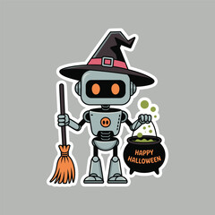 Minimal robot halloween witch, cute robot halloween witch, unique