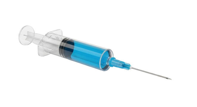 Isolated hypodermic syringe filled with blue liquid, used for medical injections, healthcare