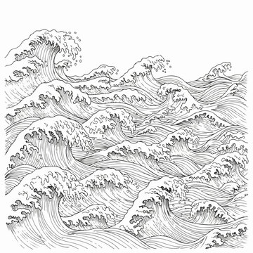 Intricate vector wave pattern with dynamic ocean waves and crests. Detailed line art style for artistic backgrounds. Vector illustration for branding, packaging, or editorial design.