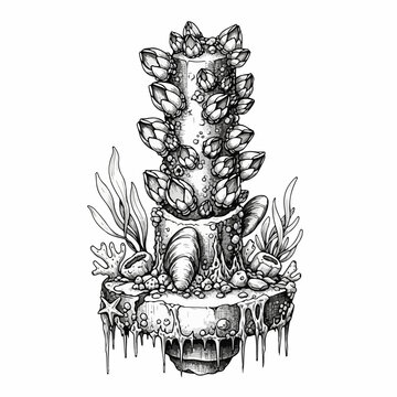 Whimsical underwater structure vector illustration with barnacles and seaweed. Nautical fantasy building design for fantasy games or storybooks.