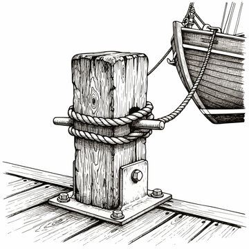 Wooden bollard with rope securing boat, maritime dock detail, nautical vector illustration. for branding, packaging, banner, poster, website header, and social media design use