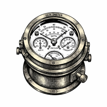 Vintage diving helmet depth gauge meter with pressure and temperature dials, steampunk illustration for nautical exploration. editable vector illustration