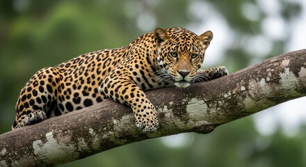 Majestic Jaguar Resting on Branch, Close-Up Portrait, Wildlife Photography.