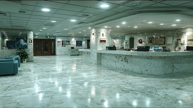 Modern reception hall interior with marble floors and soft lighting