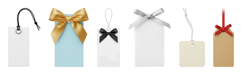 Blank gift tag set including paper, kraft, and colored cards with various bows and strings isolated. Retail pricing and product labeling collection.