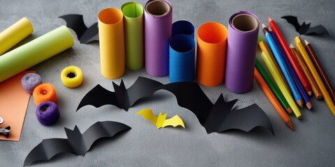 A collection of colorful paper tubes, bats, and other crafting materials arranged on a gray surface with a few scattered pencils and colored paper balls.