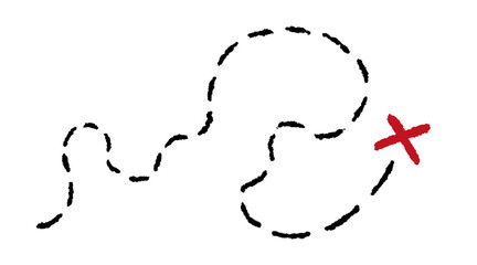 Old pirate treasure map. Dashed line and red X sign on map. Path to treasure and gold location. Old pirate letter. Vector illustration isolated on white background.