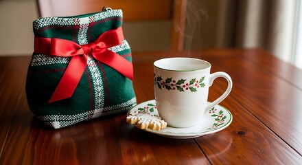 Christmas gift bag and cup of tea with cookie on wooden table, holiday season