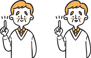 人差し指を立てているシニア男性　上半身　ベクター（オレンジ）
