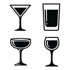 Collection of four distinct alcoholic beverage glasses icons representing martini coupe wine and highball drinkware silhouette