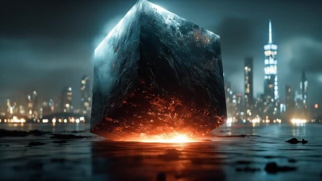 Mysterious cube in a futuristic metropolis reflecting light and shadows