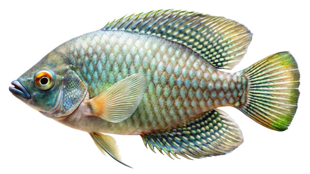 Detailed closeup of a vibrant gourami fish showing intricate scales and fins isolated on a plain background