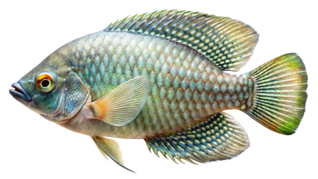 Detailed closeup of a vibrant gourami fish showing intricate scales and fins isolated on a plain background