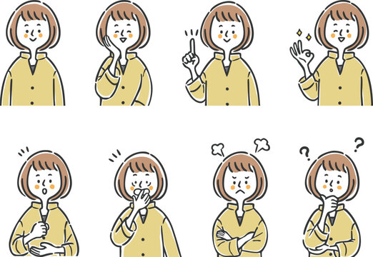 いろんな表情の女性イラストセット　上半身　ベクター

