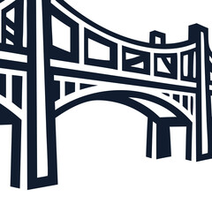 Stylized graphic illustration of a suspension bridge with strong lines and geometric shapes.