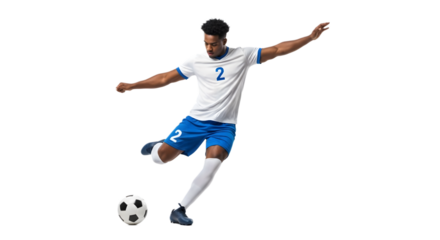 Soccer Player Kicking Ball in Action Pose Isolated on White Background, Sports Illustration, Dynamic Movement, Studio View