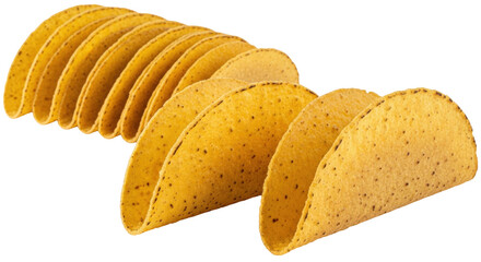 Isolated Taco shells in a row, stacked and leaning together, ready to fill with ingredients