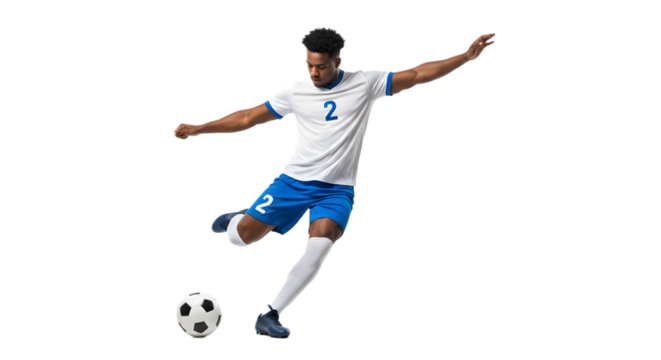 Soccer Player Kicking Ball in Action Pose Isolated on White Background, Sports Illustration, Dynamic Movement, Studio View