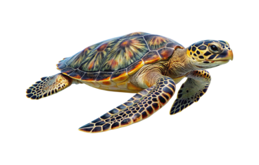 Majestic hawksbill sea turtle swimming underwater with colorful shell and flippers isolated