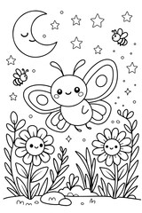 Cute Butterfly Night Garden Scene coloring page