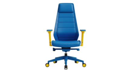 Isolated blue desk chair with yellow armrests for office, modern furniture concept