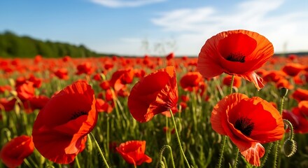 Obraz premium Field of Red Poppies in Full Bloom on a Sunny Day.