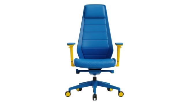 Isolated blue desk chair with yellow armrests for office, modern furniture concept