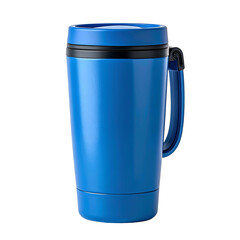 Sleek blue insulated travel mug with handle and black accents against a black background