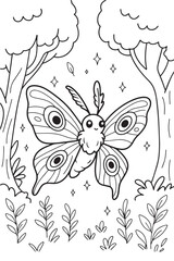 Naklejka premium Cute Moth Forest Coloring Page