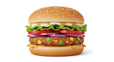 Delicious Veggie Burger with Fresh Ingredients on a White Background.