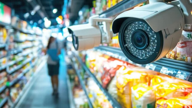 Security camera installed in a grocery store, monitoring the aisles and checkout counters