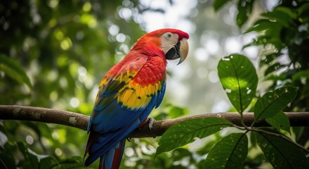 Fototapeta premium Scarlet macaw perched on a branch in lush green foliage.