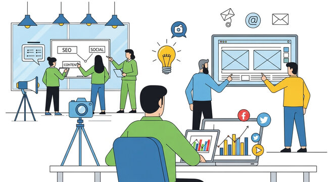 A team of digital marketing professionals collaborating on a project, brainstorming ideas, and creating content for social media and search engine optimization isolated on white background