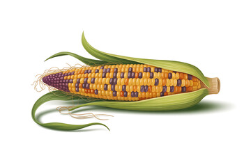 Fototapeta premium Vibrant ears of corn with colorful kernels, fresh green leaves, showcasing a bountiful harvest.