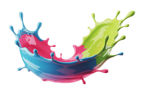 Vibrant splash of blue, pink, and green paint bursts upwards, creating dynamic, colorful motion.