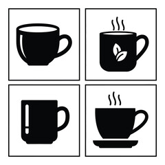 Collection of four black and white silhouettes of coffee and tea cups representing hot beverages and cafe culture silhouette